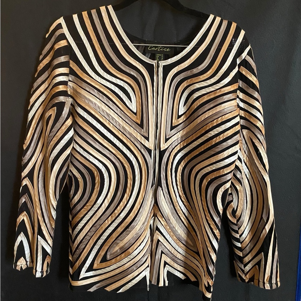 Carlise Metallic Wave Zip-Front Jacket - Black & Gold